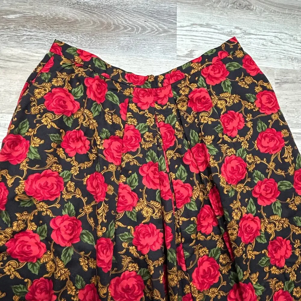Vintage High-Waisted Black & Red Rose Print Skirt 2X